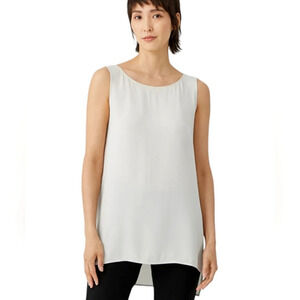 Eileen Fisher Silk Georgette Crepe Bateau Neck Tank in Bone Size Medium Petite